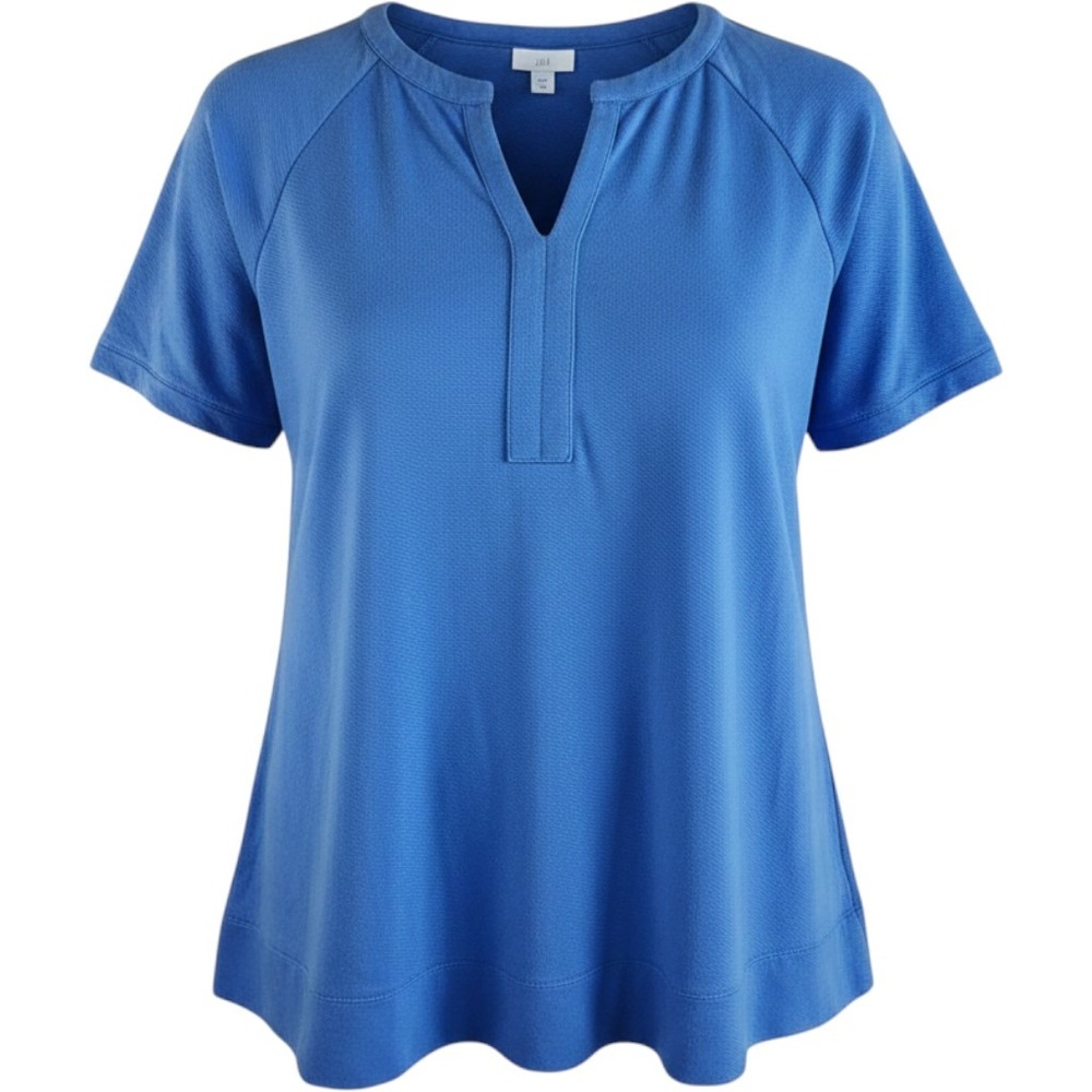 J JILL Split V‎ Neck Shirt Womens Medium Blue Terry Cotton Casual Costal Soft